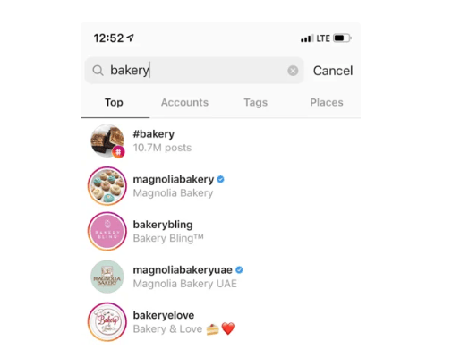 Here, user is searching for a keyword "Bakery" and we are getting four accounts on top which have bakery keyword in both of their display name and @Username.